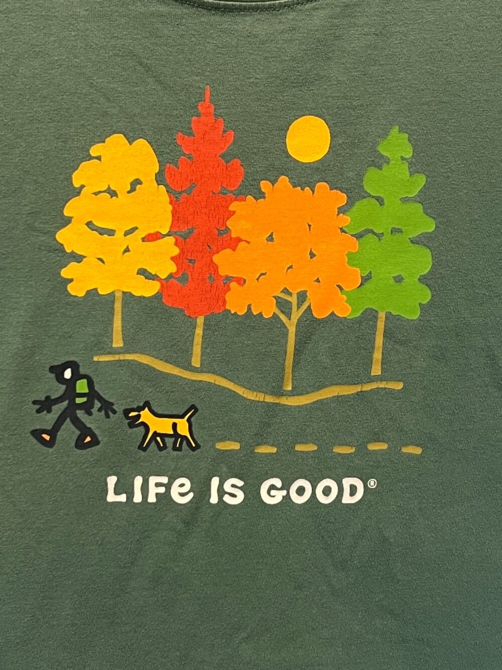 Life Is Good T Shirt Women Extra Large Fall Foliage Hiking Dog Green Crew Neck